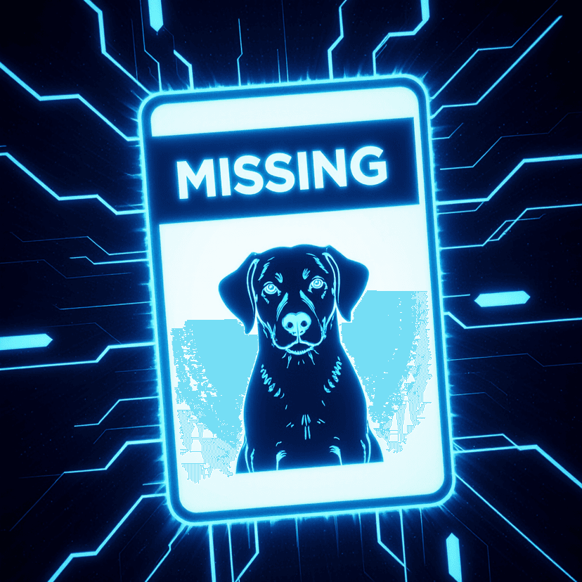 Affiche lumineuse d’un chien perdu reliée à l’IA AnimalBackHome.