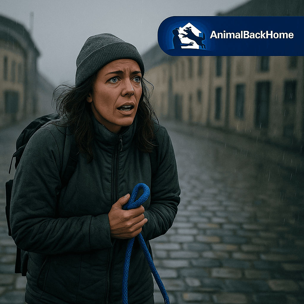 Femme paniquée cherchant son chien perdu dans une rue de village, laisse vide à la main.